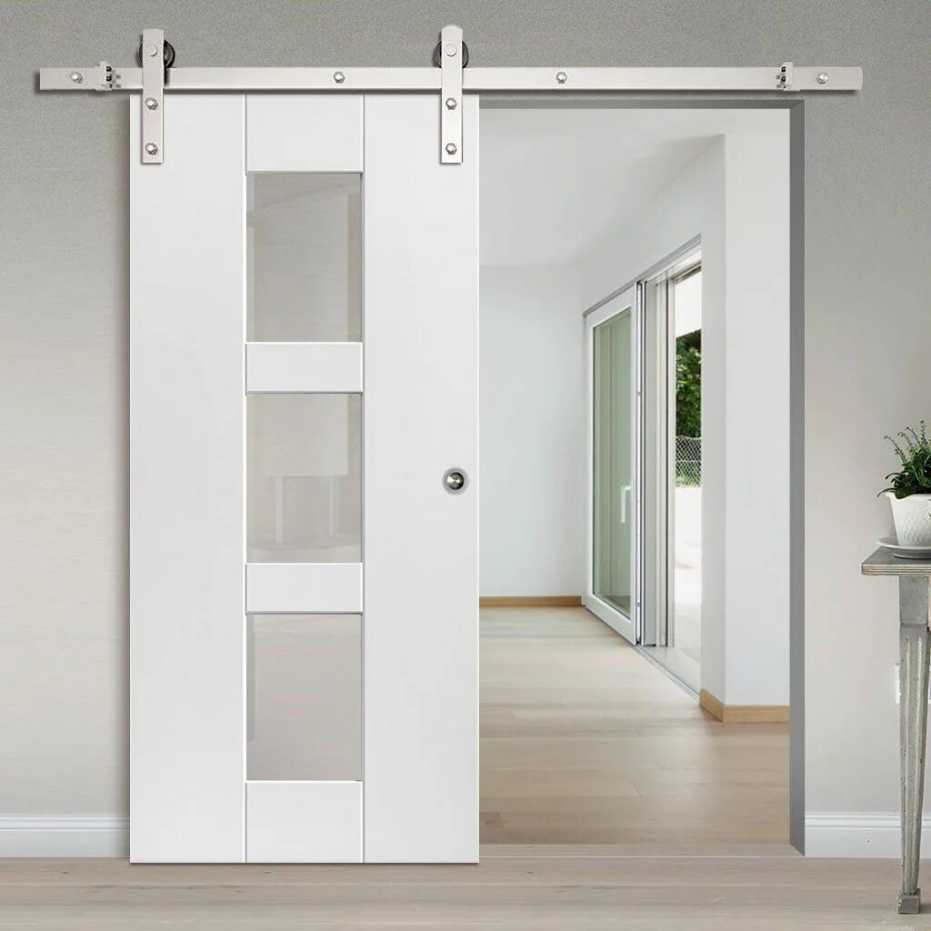 Раздвижная дверь межкомнатная одностворчатая фото в интерьере Single Sliding Door & Straight Stainless Steel Track - Geo White Door - Clear Gl