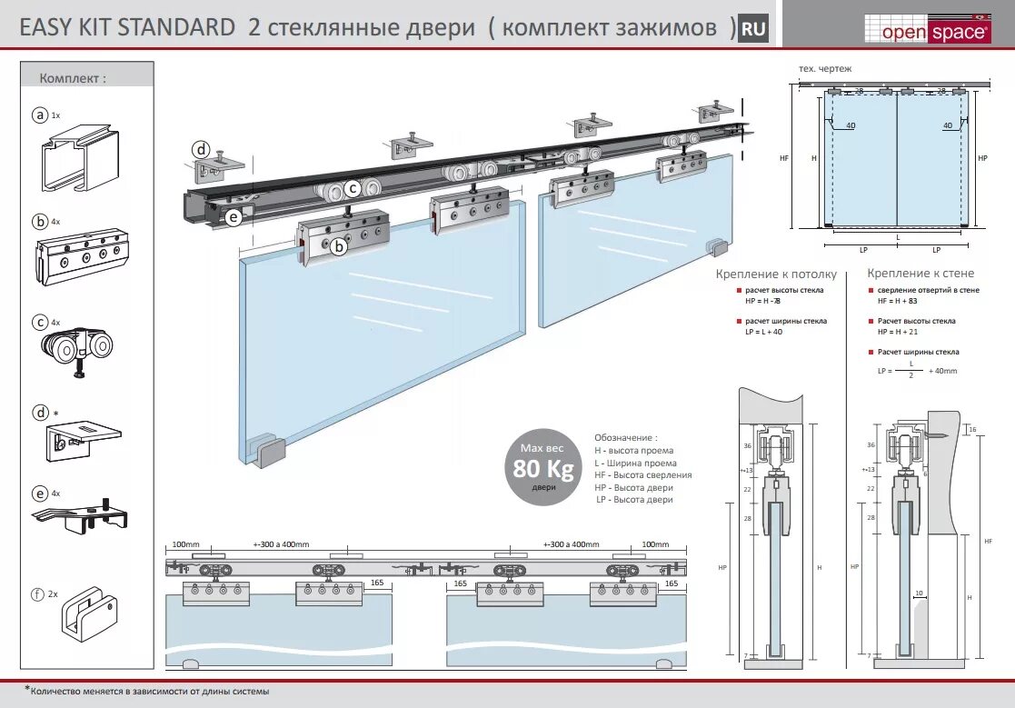 Раздвижные двери инструкция по сборке OpenSpace Раздвижная система для двух цельностеклянных дверей Easy Kit Standart 