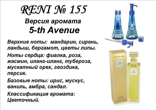 Разливные духи каталог с описанием фото RENI / 5-th Avenue (Elizabeth Arden) 100мл Духи Reni женские. Ароматы направлени