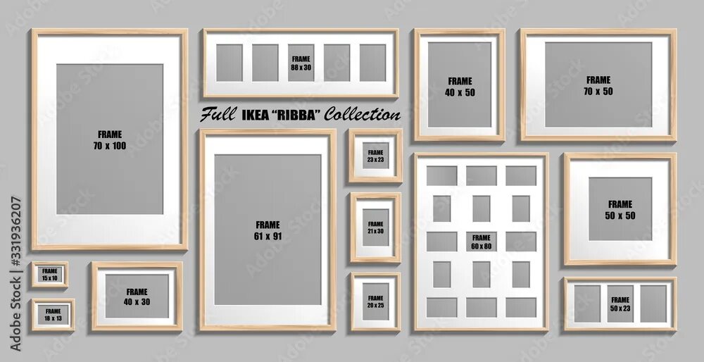 Размер фото стены Full collection of IKEA Ribba photo frames. Real sizes. Vector set of wooden pic