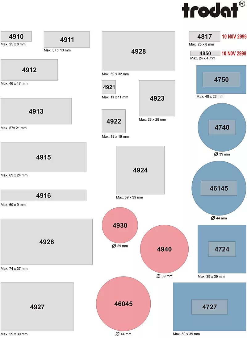 Размер оснастки Размеры оснасток для печатей и штампов фирмы Trodat