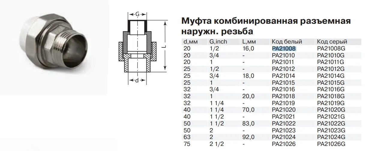 Размер подключения 1 4 Муфта ProAqua Н 20 х 3/4" разборная PA21010 - купить с доставкой в Москве, цена,