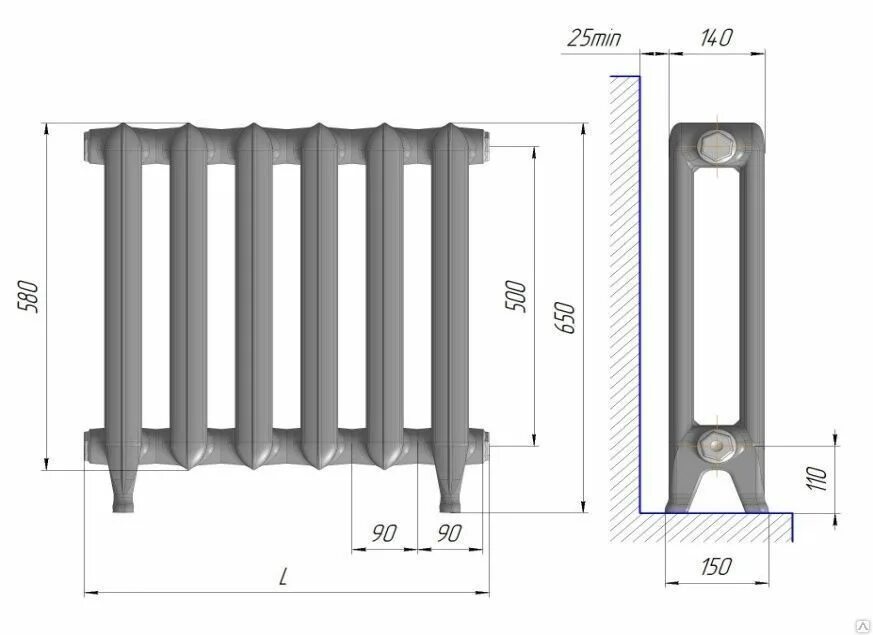 Размер подключения чугунных радиаторов Секция МС-140-500 с ножками, цена в Хабаровске от компании Техпромснаб