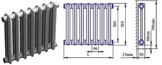 Размер подключения чугунных радиаторов Высота чугунной батареи HeatProf.ru