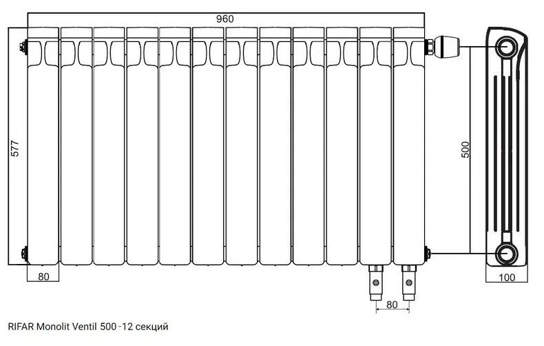 Размер подключения радиатора Секционный радиатор Rifar MONOLIT VTNTIL 500 MVL 12 секций радиатор биметалличес