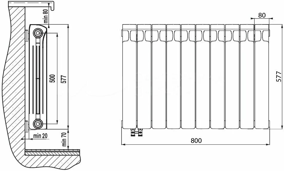 Размер подключения радиатора Радиатор биметаллический Rifar Monolit 500 10 секций, нижнее левое подключение, 