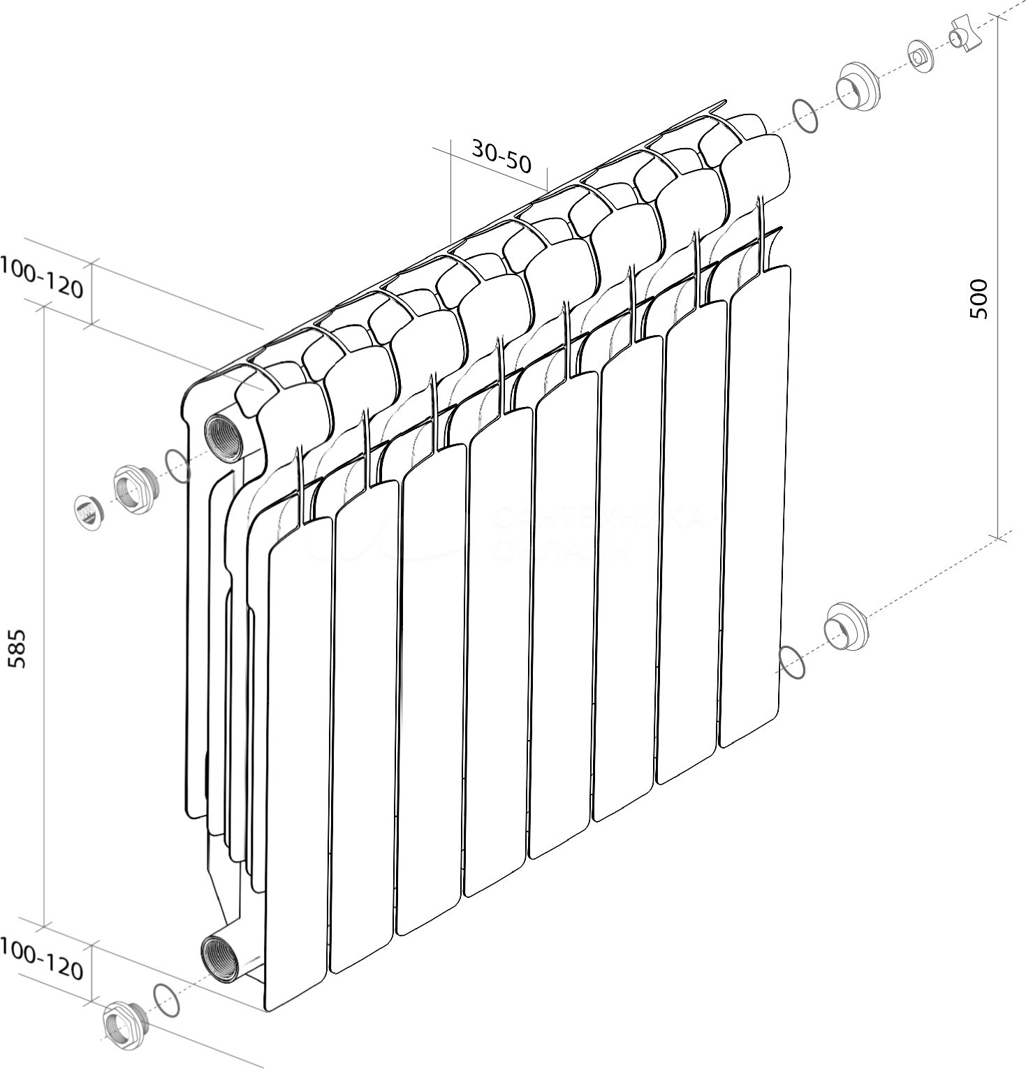 Размер подключения радиатора отопления Радиатор алюминиевый Royal Thermo Indigo 500 2.0 8 секций в Саратове - купить в 