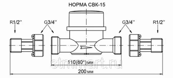 Размер подключения счетчика воды Счетчик НОРМА СВК-15Г (Ду 15) для горячей воды в Санкт-Петербурге (Счетчики воды