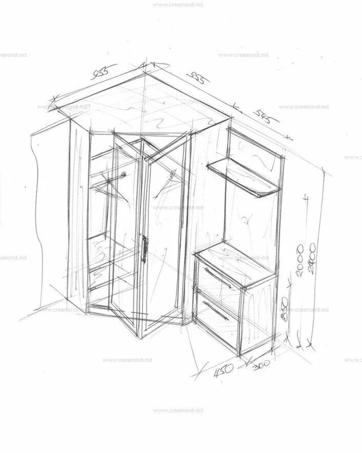 Размер углового шкафа в прихожую фото Шкаф угловой с открытой вешалкой в прихожую. в Молдове. Эскизы и чертежи мебели 