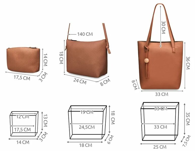 Размеры дамской сумочки Torebka Zestaw 3 Torebek 3w1 Shopper Listonoszka Brąz 6003 - Arena.pl