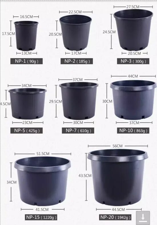 Размеры горшков для цветов таблица с фото Pots De Fleurs En Plastique Noir De 1 À 15 Gallons,Pots De Plantes Pour Arbres,P