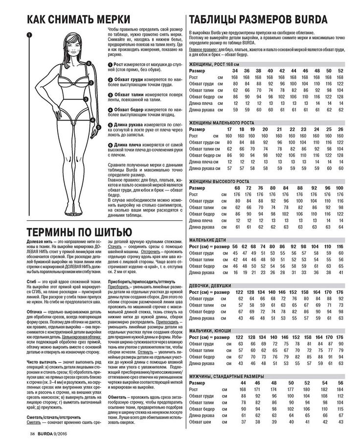 Размеры одежды для выкройки Burda № 9 2016 35 Burda, Burda style, No7