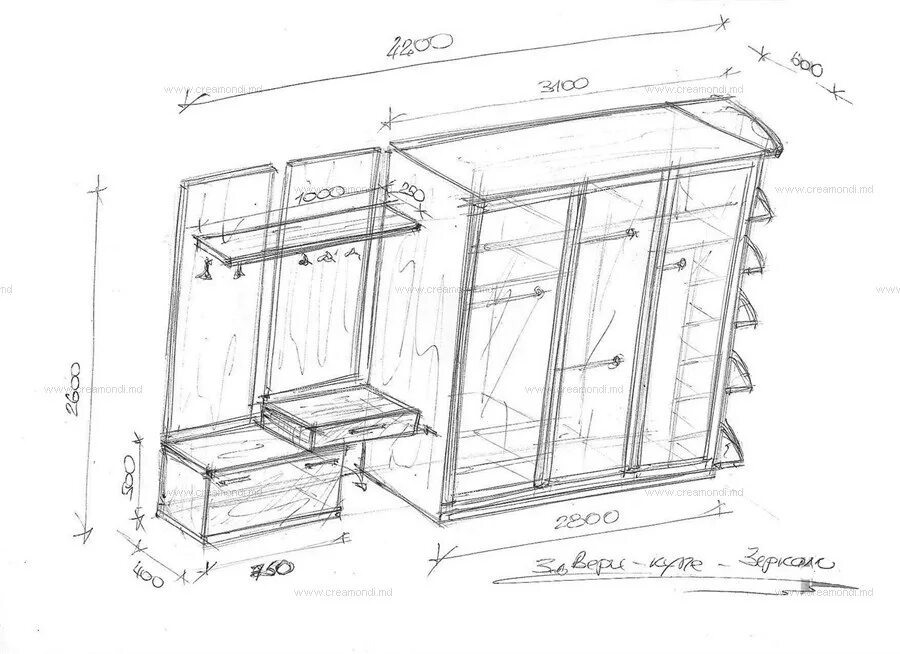 Размеры прихожей своими руками чертежи Мебель для прихожей со шкафом-купе. в Молдове. Эскизы и чертежи мебели от Creamo