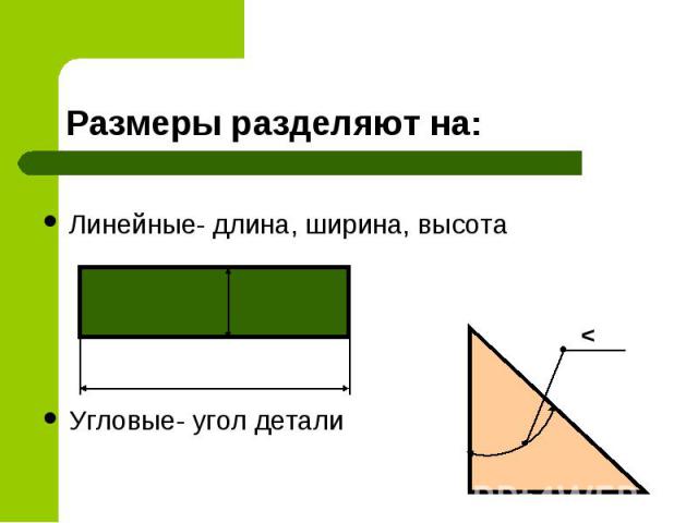 Размеры разделяют на линейные и угловые фото Правила нанесения размеров - презентация к уроку Технологии