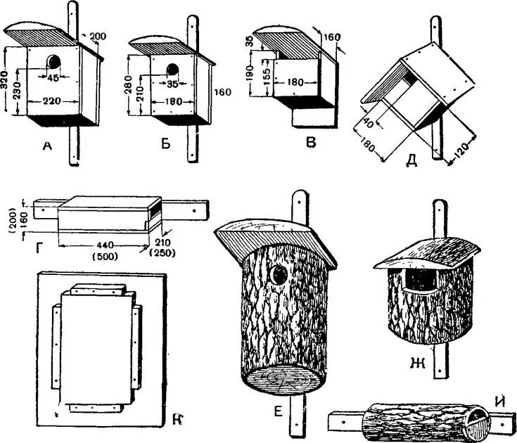 Размеры синичника своими руками чертежи ДЛЯ СКВОРЦОВ СЛЕДУЕТ ДЕЛАТЬ ДОМИКИ ПО РИСУНКУ 167, А; ДЛЯ СИНИЦ, ГОРИХВОСТОК И М
