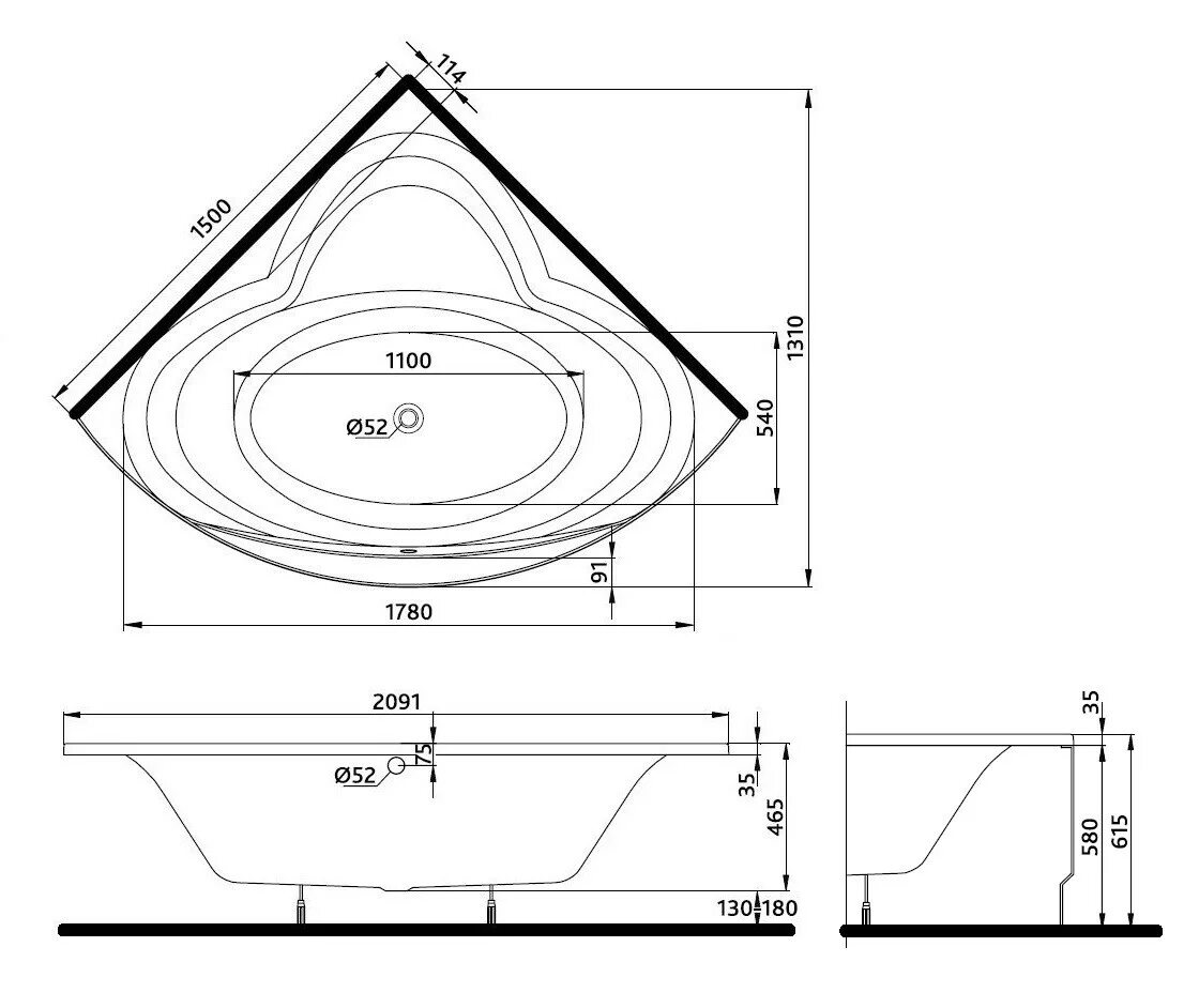 Размеры угловых ванн фото Акрилова кутова ванна 150x150 см Kolo Relax XWN3050000, ціна 7883.10 грн., купит