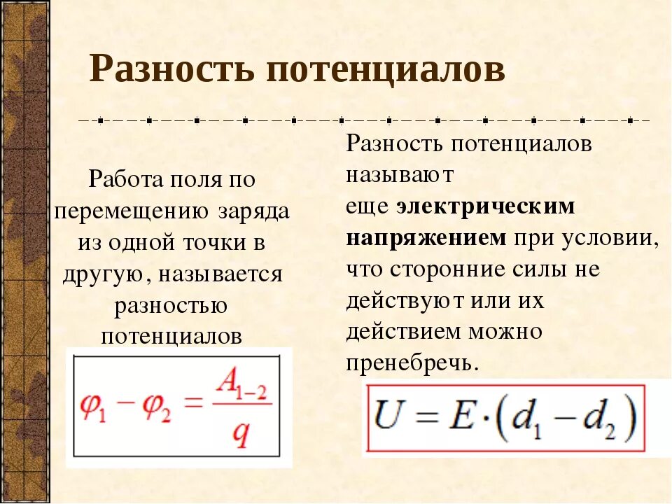 Разность потенциалов электрическая схема Формула потенциала электрического поля