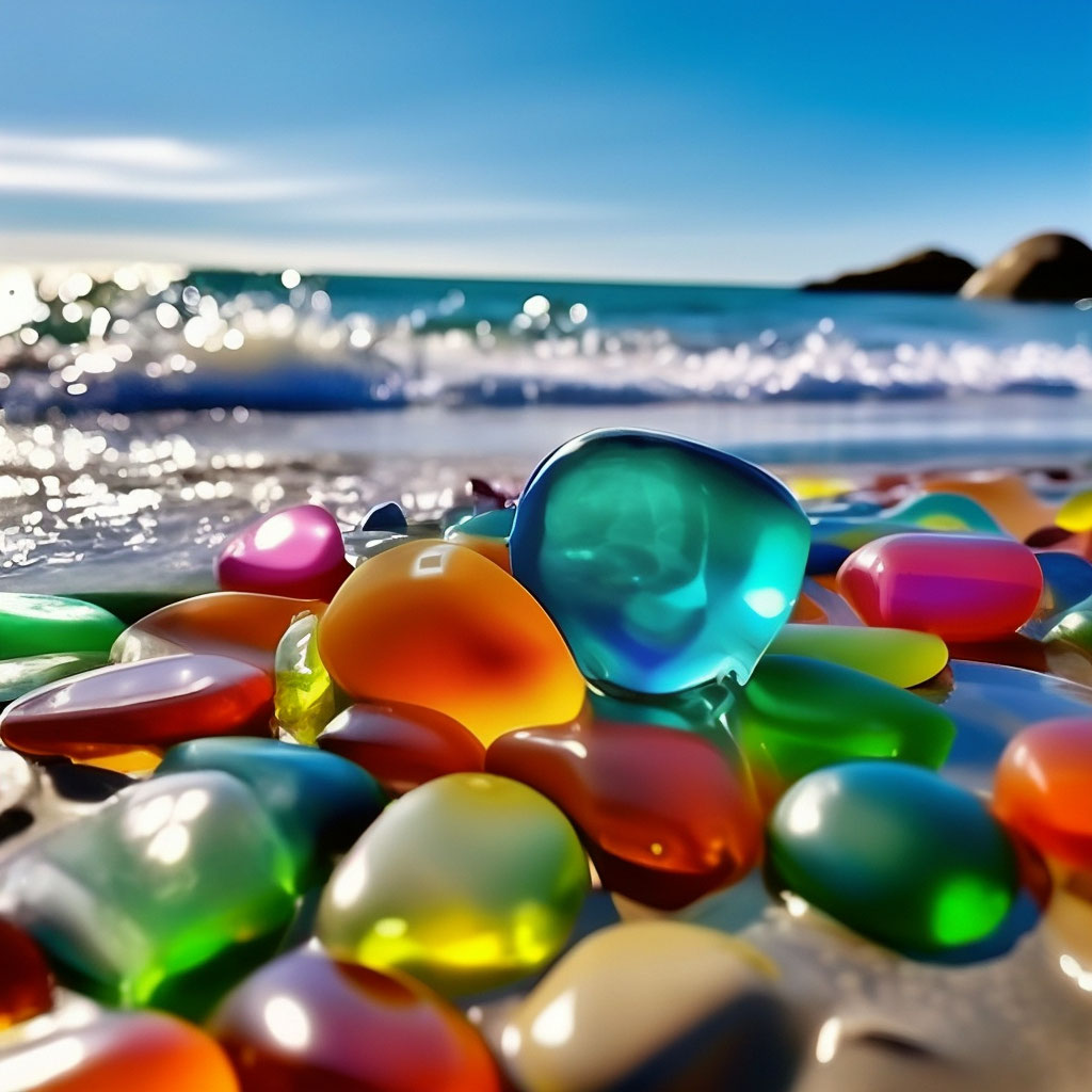 Разноцветное море фото "Colored glass stones on the seashore ." - image created in Shedevrum