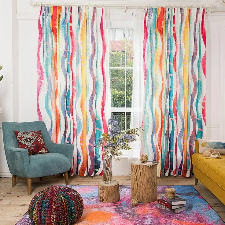 Разноцветные шторы в интерьере Environmental Linen Colorful Striped Curtains For Living Room Rain Bow Children 