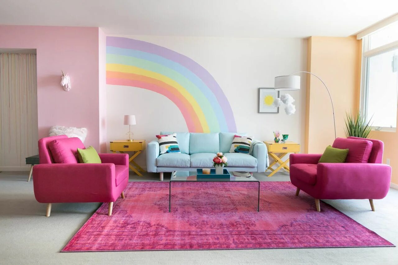 Разноцветные стены в интерьере DIY Rainbow Mural Wall Apartamento colorido, Sala arco-íris, Designs de quarto