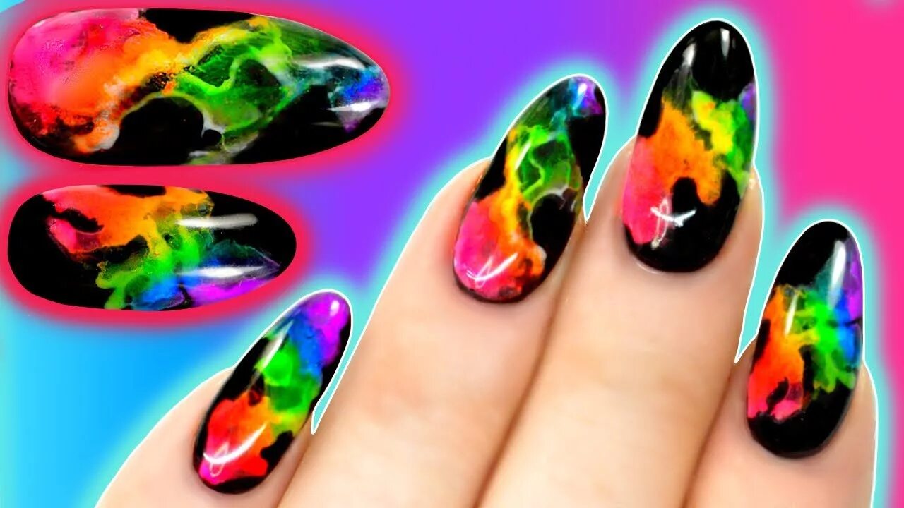 Разноцветный черный маникюр NEON RAINBOW SMOKE NAILS - EASY DIY How To Nail Tutorial Using Gel Polish & Pigm