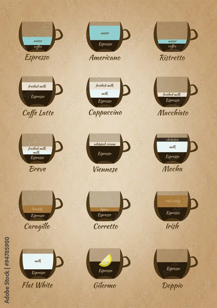 Разновидности кофе фото с названиями Vintage coffee guide infographics Stock Illustration Adobe Stock