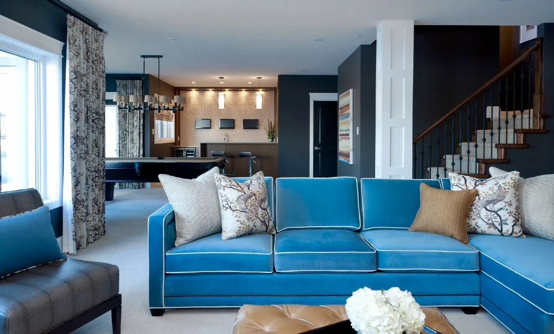 Разные диваны в интерьере гостиной Bright Blue Transitional Living Room Contemporary family room, Sofa design, Sofa