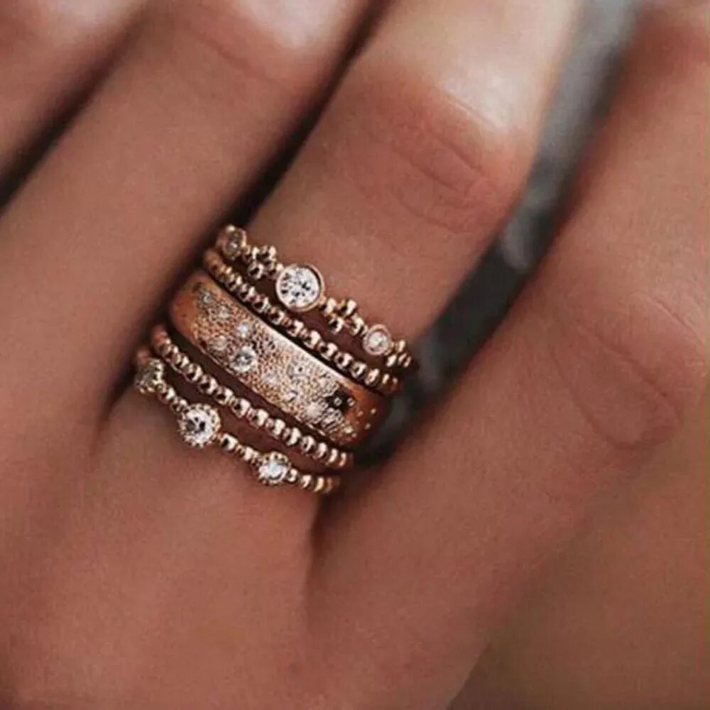 Разные кольца фото 5pcs/lot Punk Style Rose Gold Stackable Ring Midi Finger Knuckle Rings Sparkly B