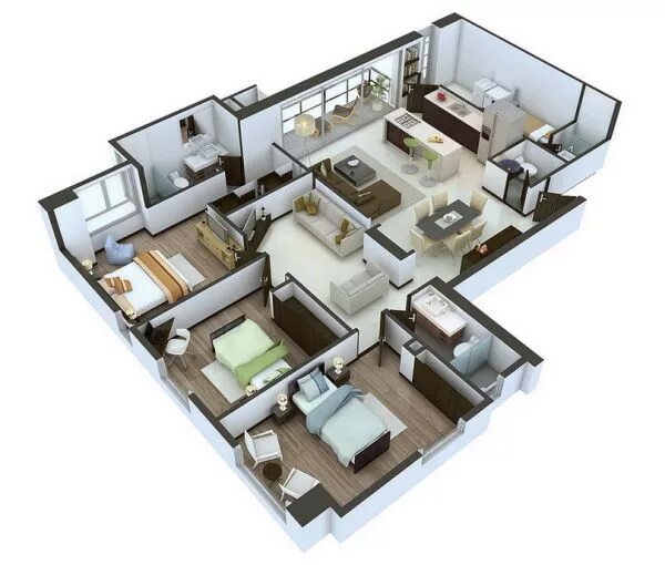 Разные планировки на разных этажах 25 More 3 Bedroom 3D Floor Plans Planos de casas 3d, Planos para construir casas