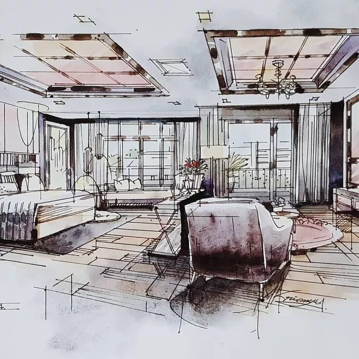 Разработать дизайн интерьера #perspective #bedroom #livingroom #watercolor #interior Architecture drawing, In