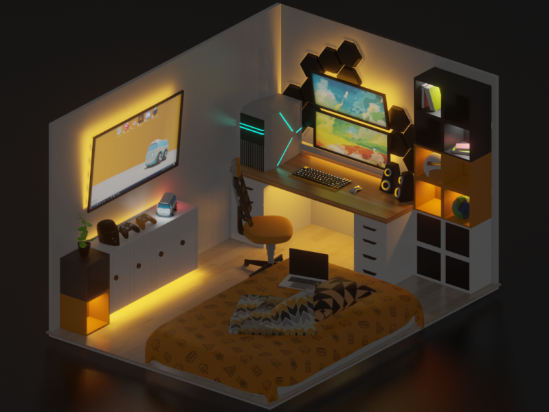 Разработка дизайна комнаты Dribbble - 9_4_orange_bedroom_with_pc_gaming_setups_by-zeein3d.png by Ismail Abd