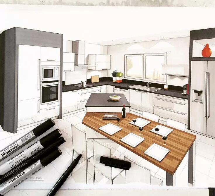 Разработка интерьеров квартир ✏ #draw #drawing #handmade #arch_more #arch_sketch #kitchen #kitc. Bocetos de di