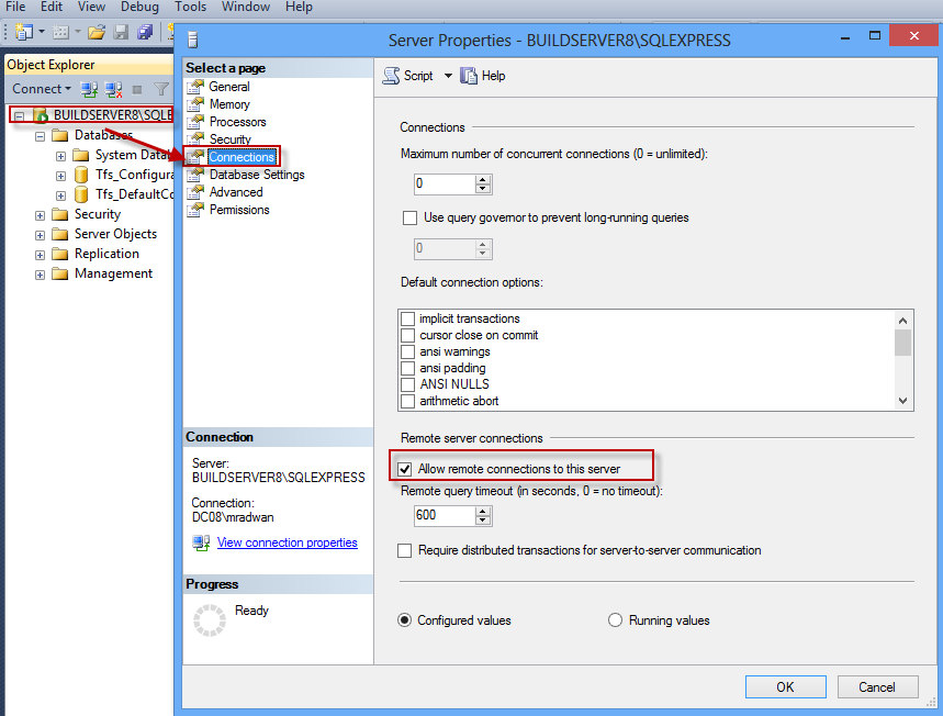 Разрешить удаленные подключения к sql server Connecting TFS 2012 express to sql server express installed on another PC - Stac