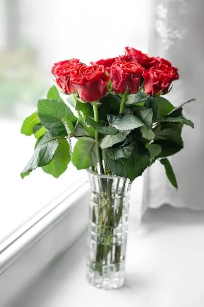 Реальное фото цветов в вазе Premium Photo Bouquet of fresh red roses in vase stands on windowsill