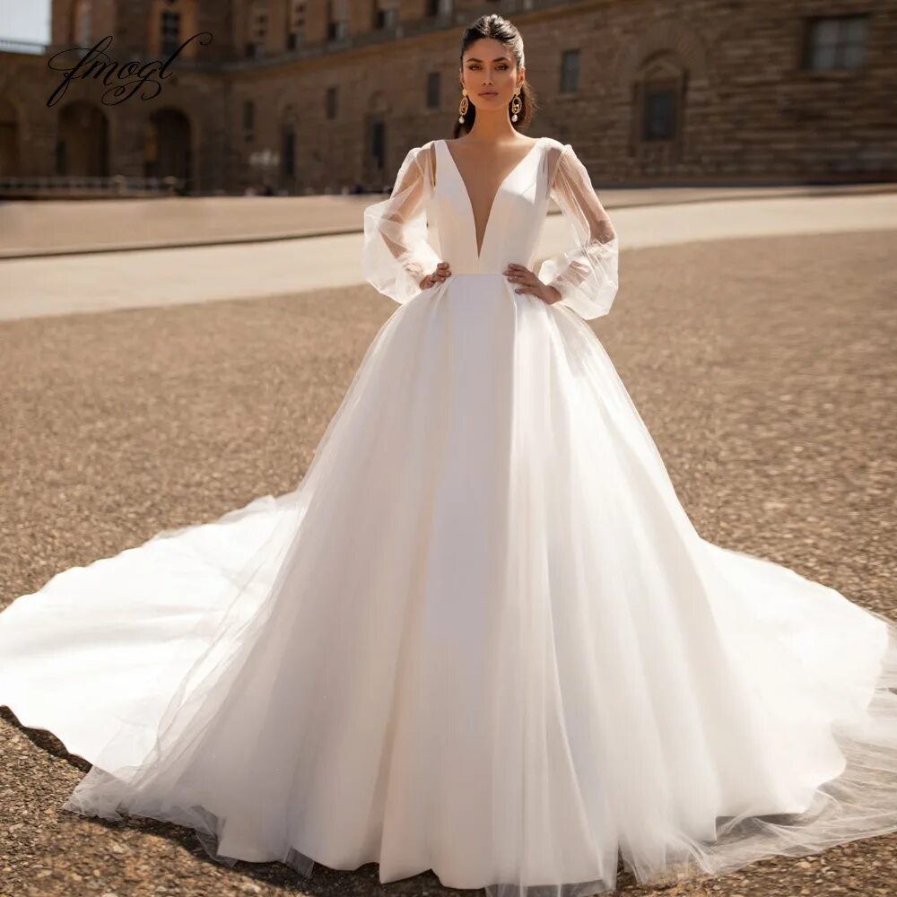 Реальные фото свадебных платьев Fmogl Sexy Backless Long Puff Sleeve Princess Wedding Dresses 2019 Luxury V Neck