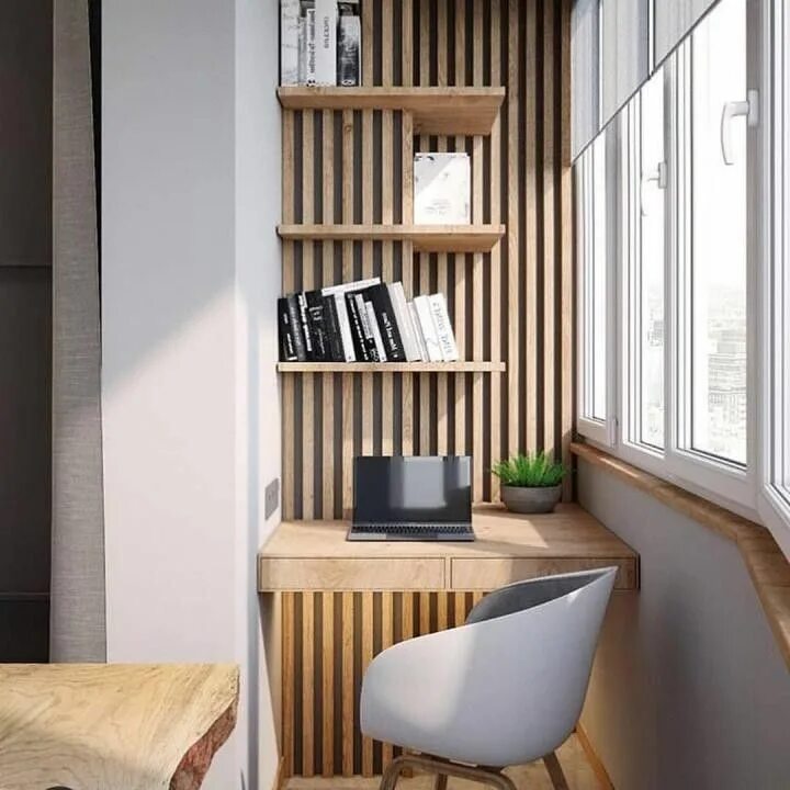 Реечные панели на балконе фото Cozy Study Space with Alcove Desk and Reading Nook