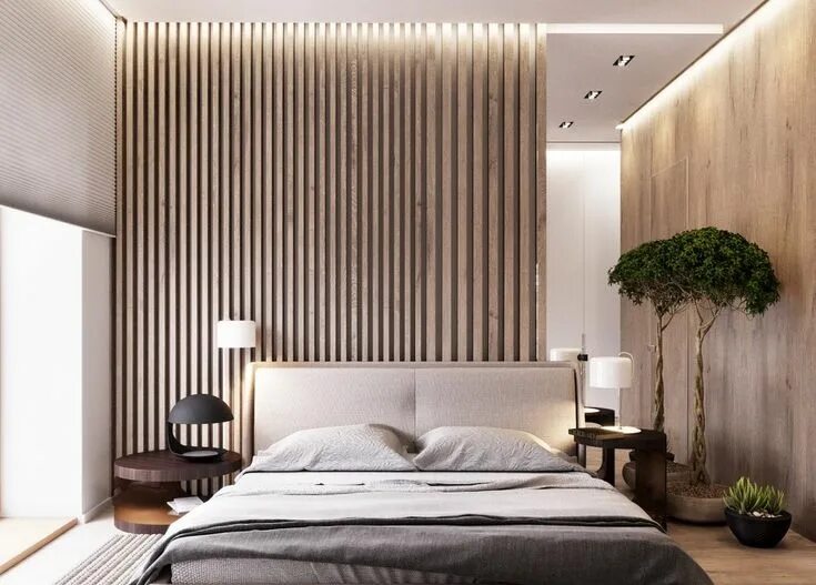 Реечные панели в спальне фото Деревянные рейки в отделке интерьера Minimalist bedroom, Modern bedroom, Bedroom