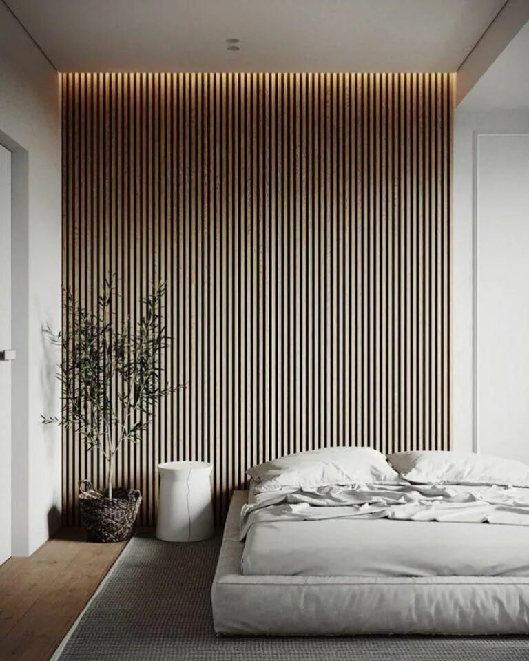 Реечные стеновые панели в интерьере спальни Wood Slat Trend Bedroom interior, House interior, Contemporary bedroom design