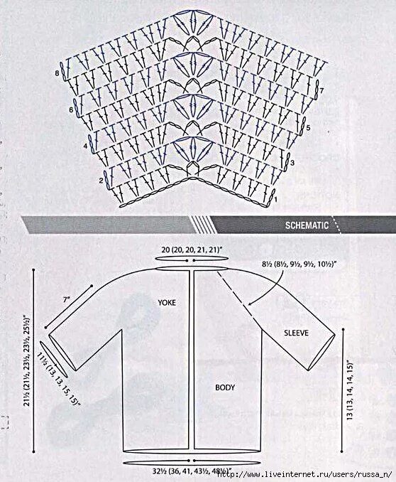 Реглан крючком снизу вверх схемы для начинающих reglan (558x678, 315Kb) Вязаное крючком пальто, Вязаная крючком рубашка, Вязание