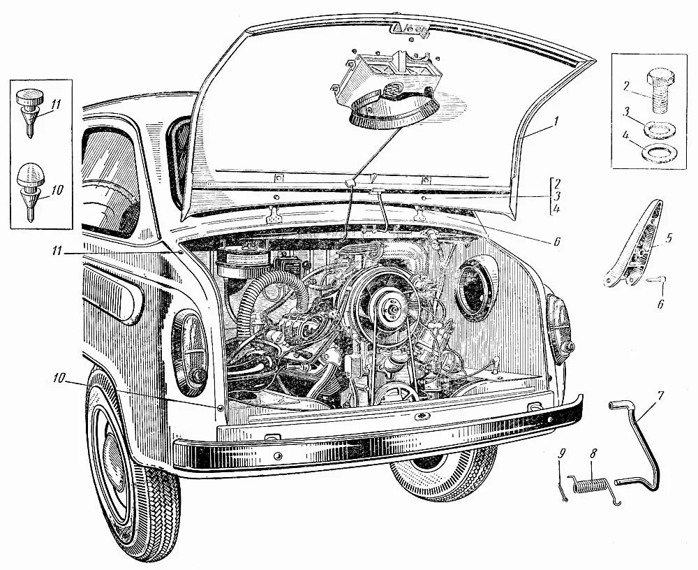 Регулировка замка капота заз 965 фото Капот задка, петли и упор ЗАЗ 965 (Чертеж № 14: список деталей, стоимость запчас