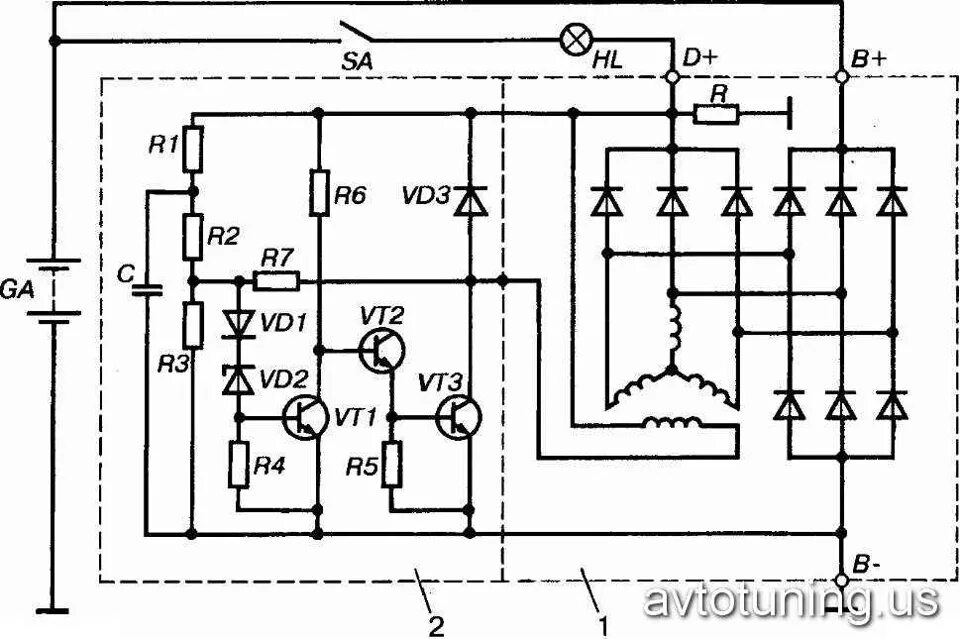 Регулятор напряжения электрическая схема Регуляторы напряжения генератора 37.3701 (372.3701) модификаций до и после 1996 