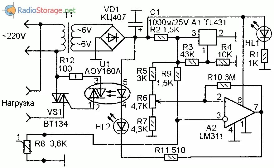 Регулятор температуры своими руками схемы Простой терморегулятор для управления теном на 220В (LM311, АОУ160А)