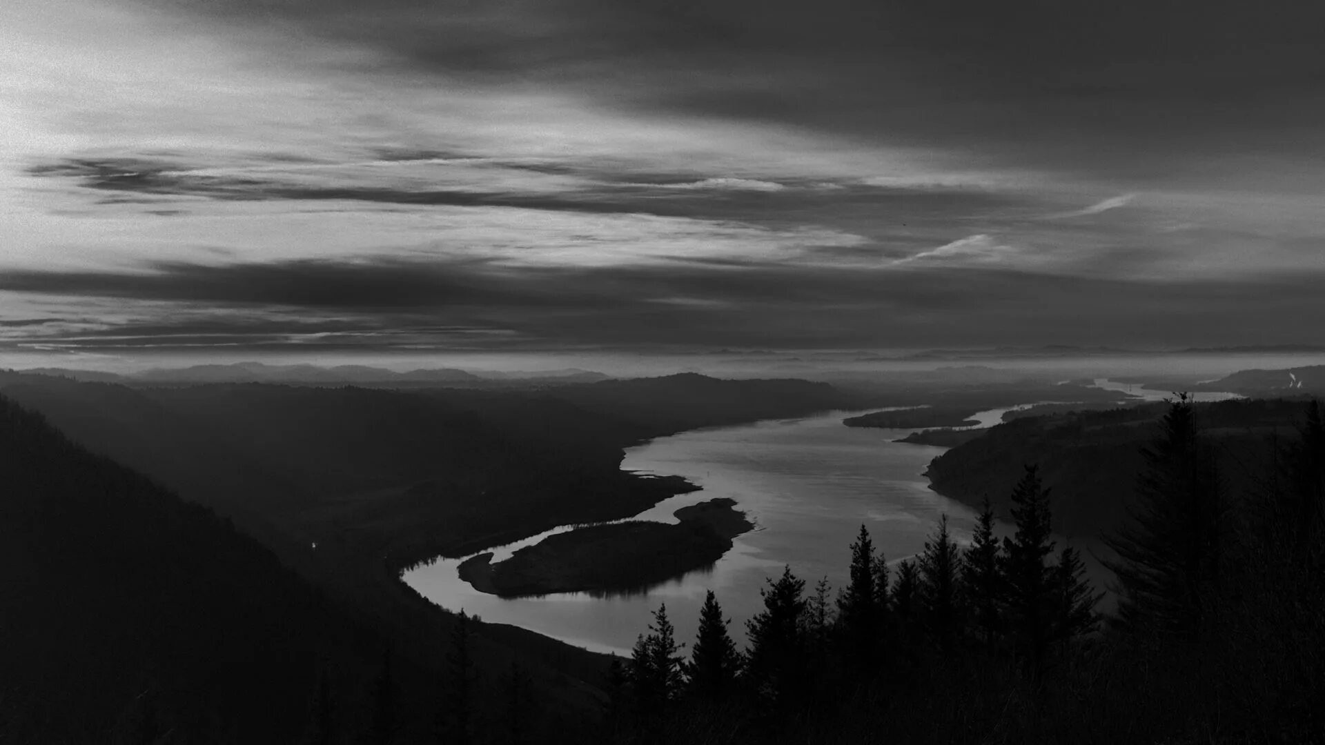 Река черно белое фото Download wallpaper 1920x1080 river, island, trees, dusk, dark, black and white f