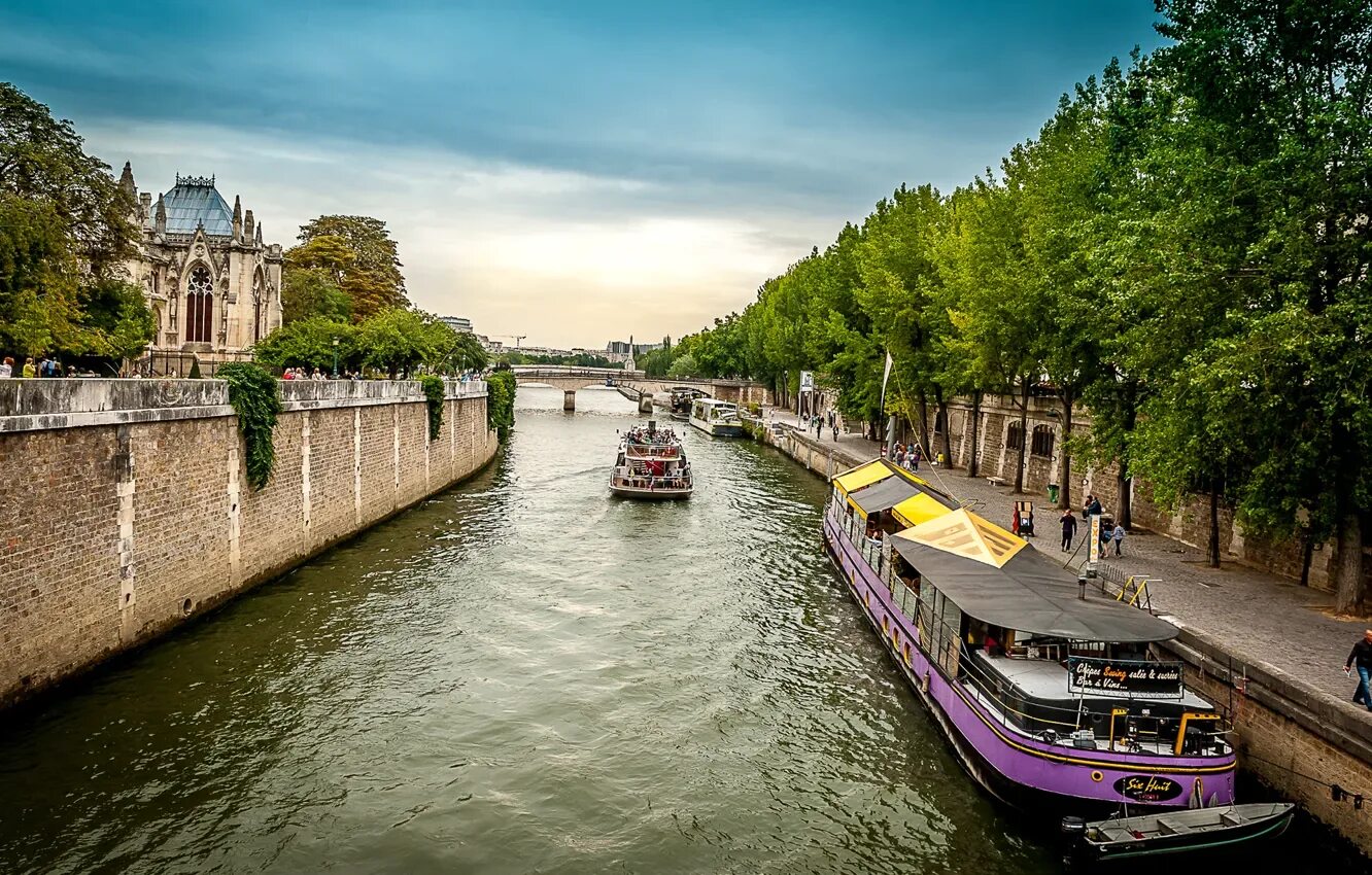 Река сена фото Wallpaper the sky, trees, bridge, river, France, Paris, ship, home for mobile an