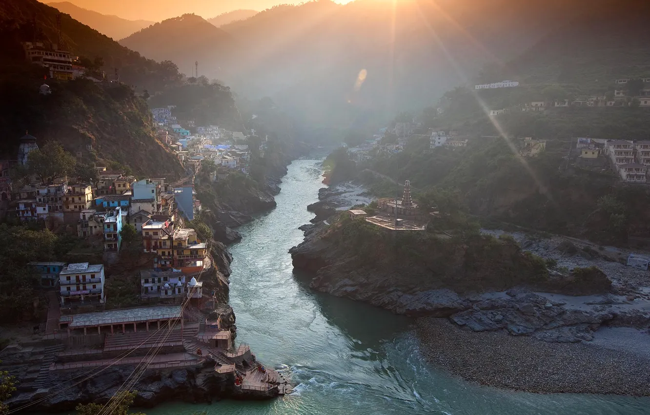 Реки индии фото Wallpaper mountains, the city, river, India, beginning, Ganges, Devprayag, Uttar