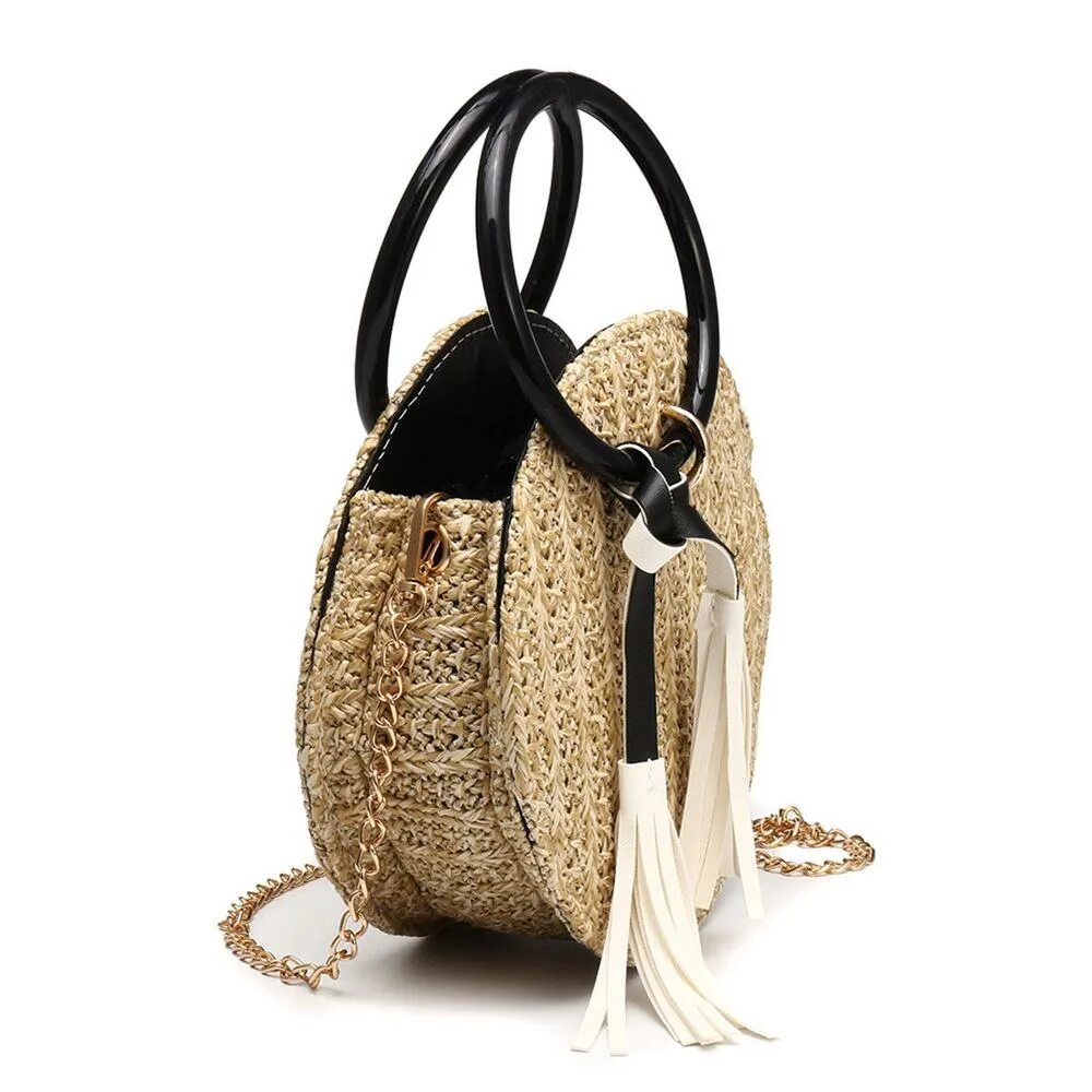 Реклама итальянских соломенных сумок фото Women Handbag Round Straw Woven Messenger Crossbody Beach Vocation Bag with tass