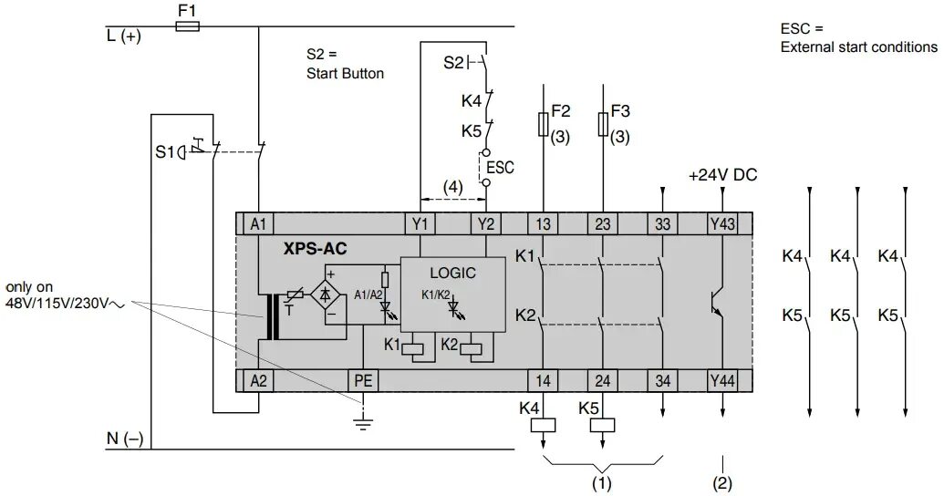Реле безопасности схема подключения Руководство по эксплуатации цепей аварийного останова Schneider Electric XPS-AC