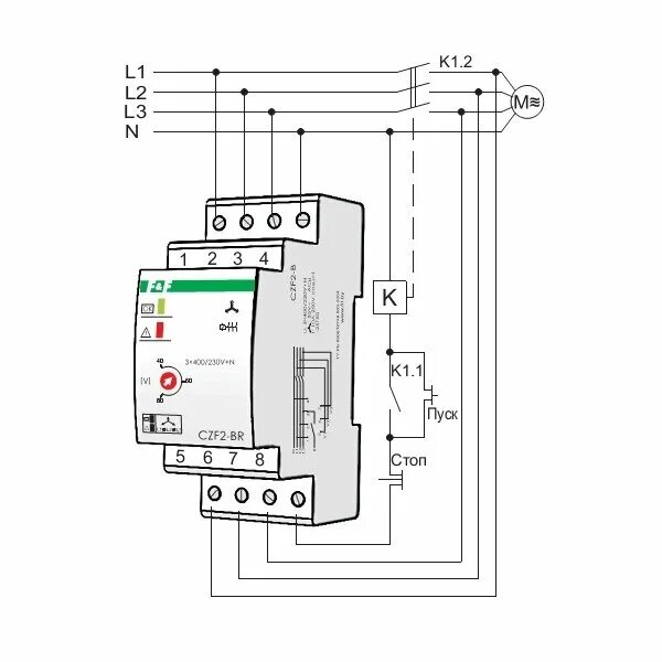 Реле контроля фаз 3 фазное подключение Реле контроля наличия, асимметрии фаз и котроль контактора CZF-2BR EA04.003.003 