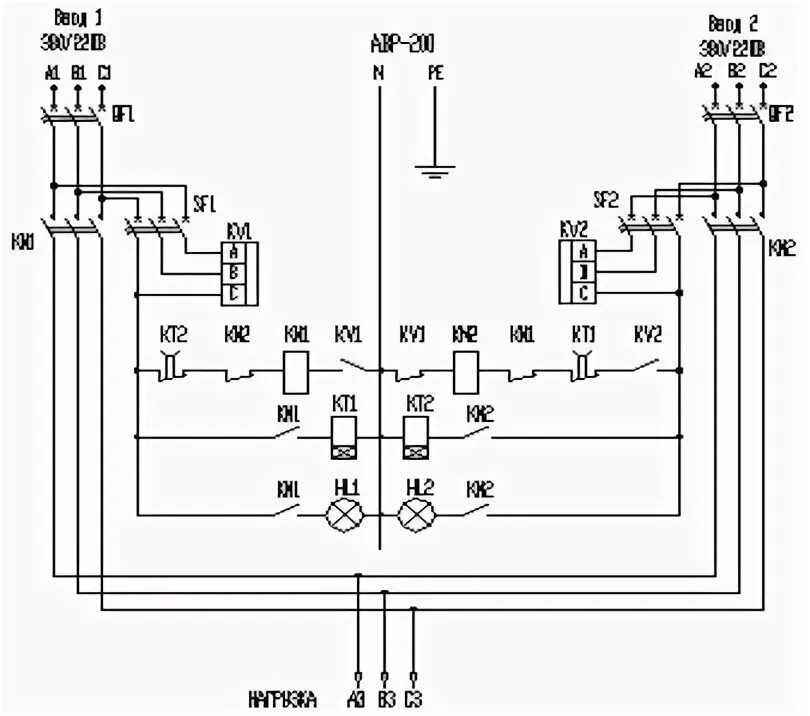 Реле контроля фаз для авр схема подключения Схема авр на 2 ввода 380в на магнитных пускателях без реле контроля фаз