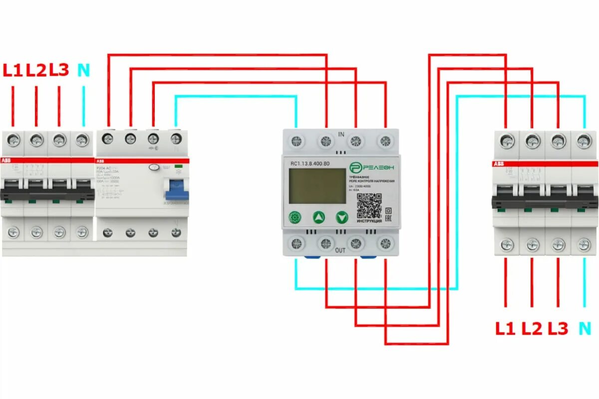 Реле контроля напряжения 3 фазное подключение Реле контроля напряжения Релеон 3ф 230-400В AC 63А в Челябинске